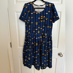 LuLaRoe Amelia black, blue, yellow short sleeve dress. Fit and flare. Size 2XL.